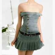 denim top and short skirt two-piece set, view 4 - MRSLM