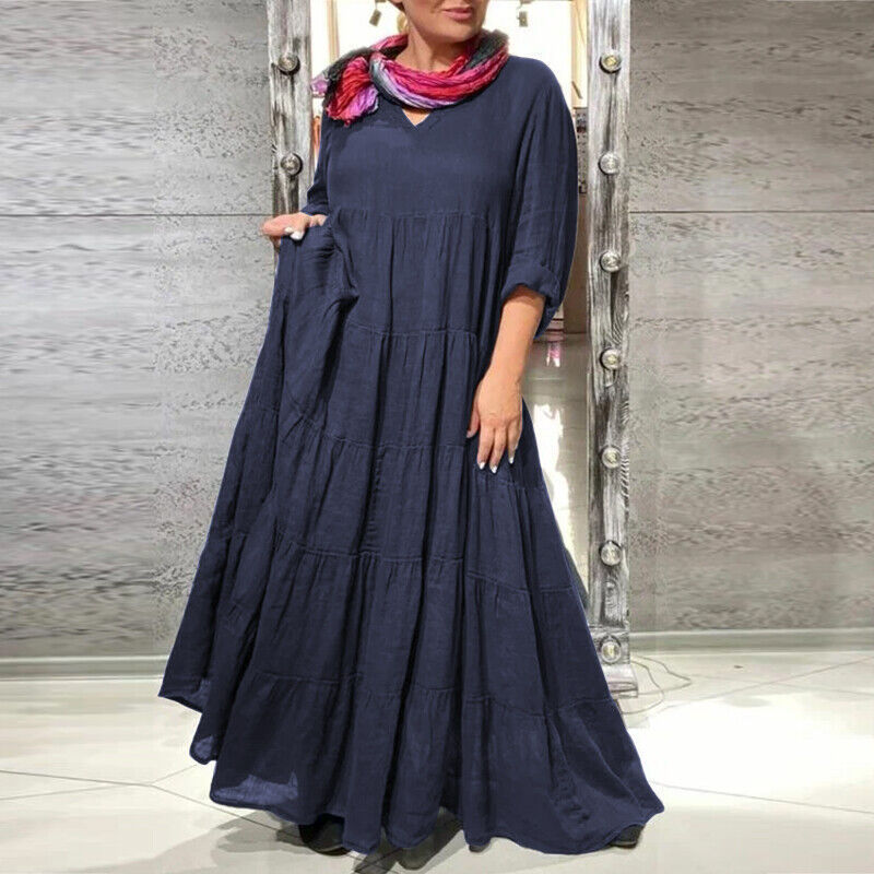 extra long V-neck cotton dress, view 3 - MRSLM