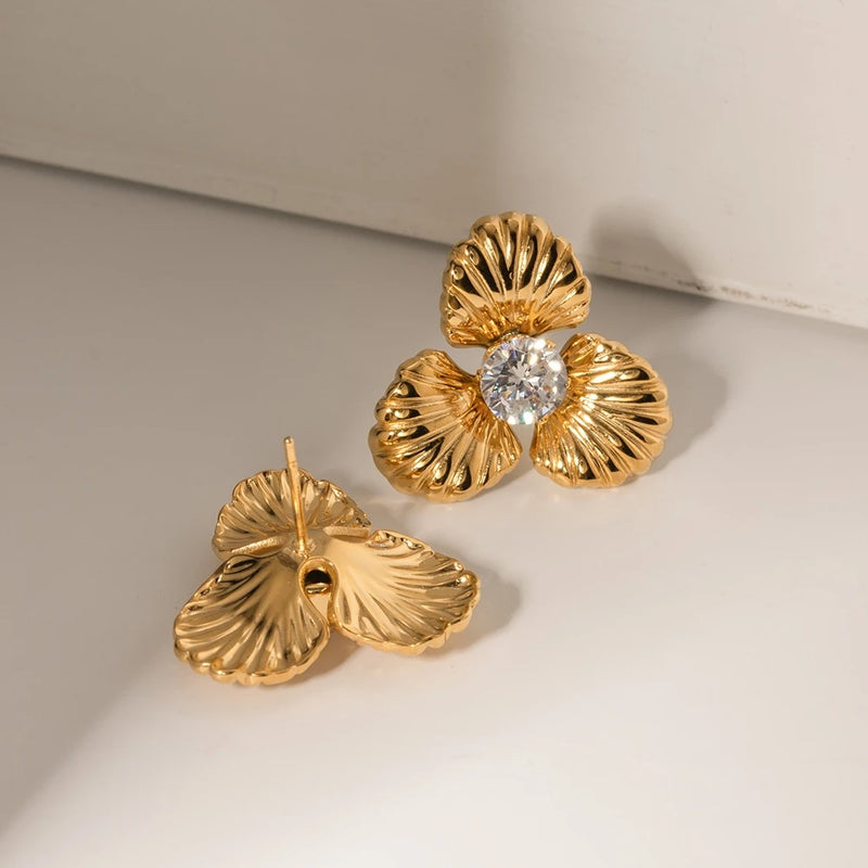 Gold-plated zircon flower stud earrings, view 4 - MRSLM
