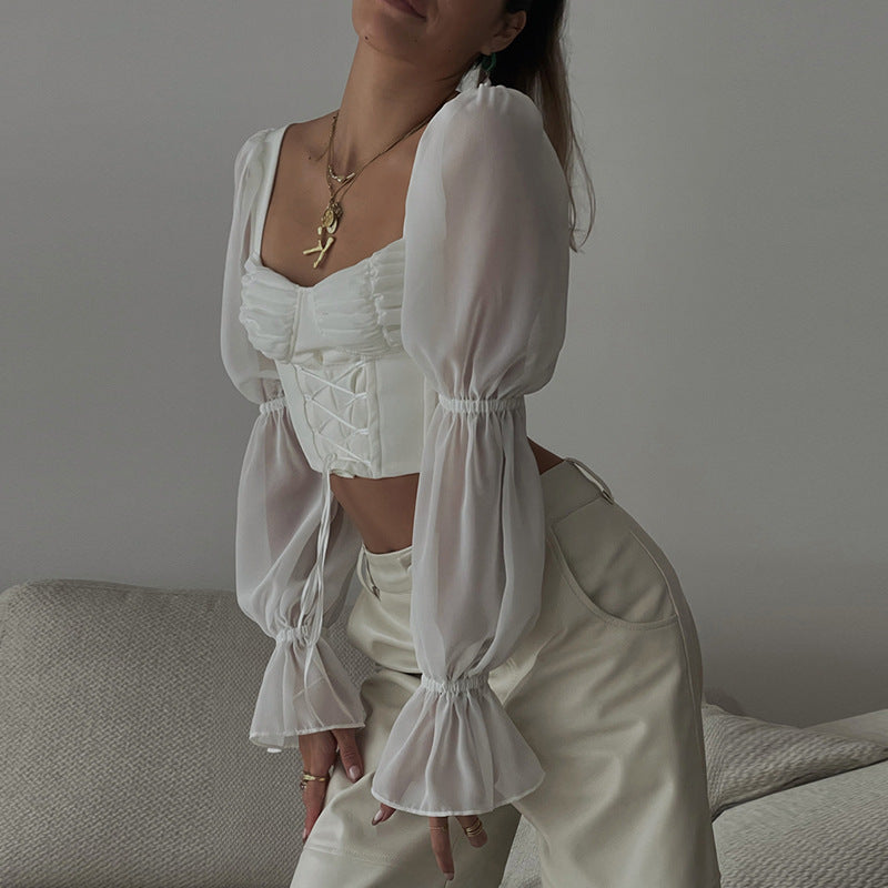square collar long sleeve crop top, view 9 - MRSLM