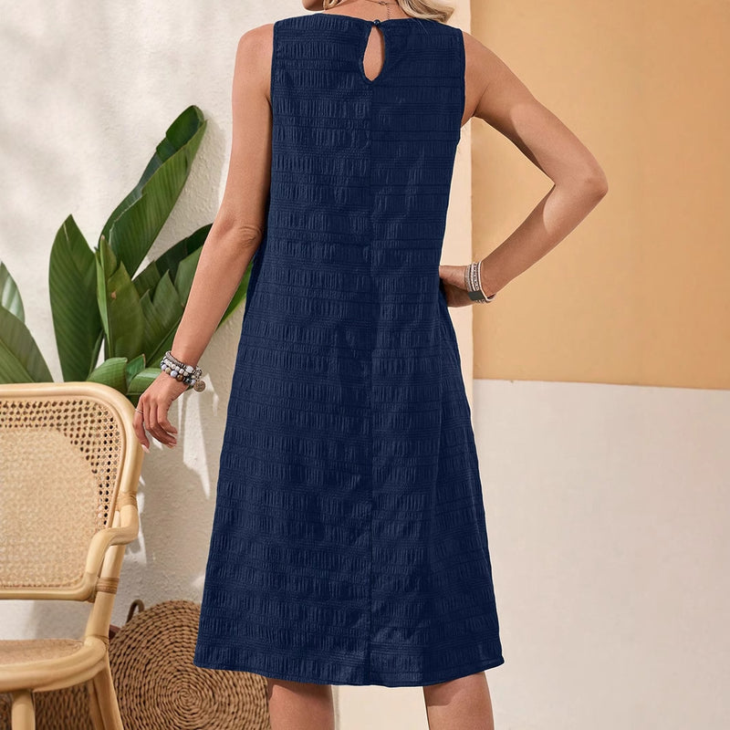 Women's navy sleeveless round neck dress, view 2 - MRSLM