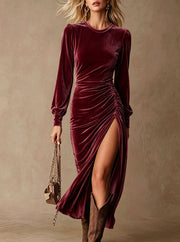 Vintage velvet midi dress with puff sleeves and slit, view 2 - MRSLM