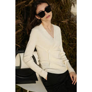 Women's slim V-neck shirred sweater, view 5 - MRSLM