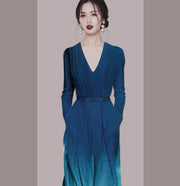 long sleeve v-neck gradient green dress with belt, view 7 - MRSLM