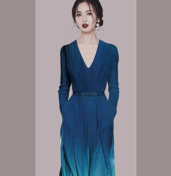 long sleeve v-neck gradient green dress with belt, view 7 - MRSLM