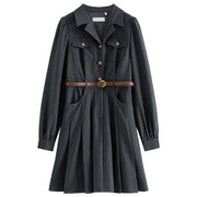 Elegant grey belted suit dress, view 6 - MRSLM