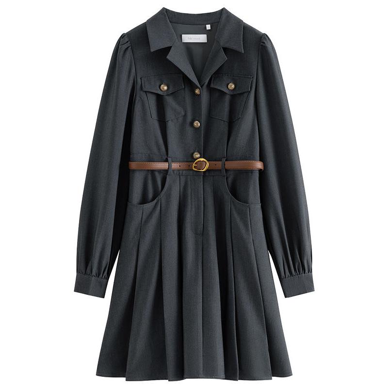 Elegant grey belted suit dress, view 6 - MRSLM