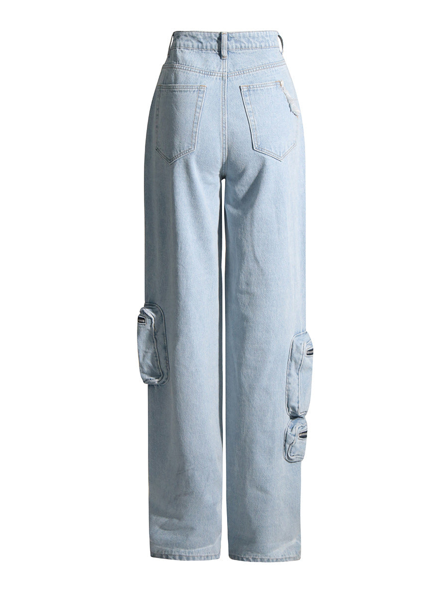 Vintage Light Blue Washed High-waisted Tooling Jeans For Women