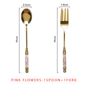 vintage gold ceramic dessert fork and spoon set, view 10 - MRSLM