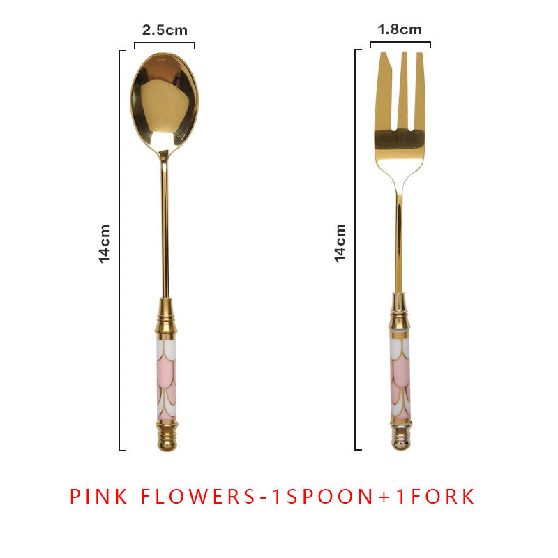 vintage gold ceramic dessert fork and spoon set, view 10 - MRSLM
