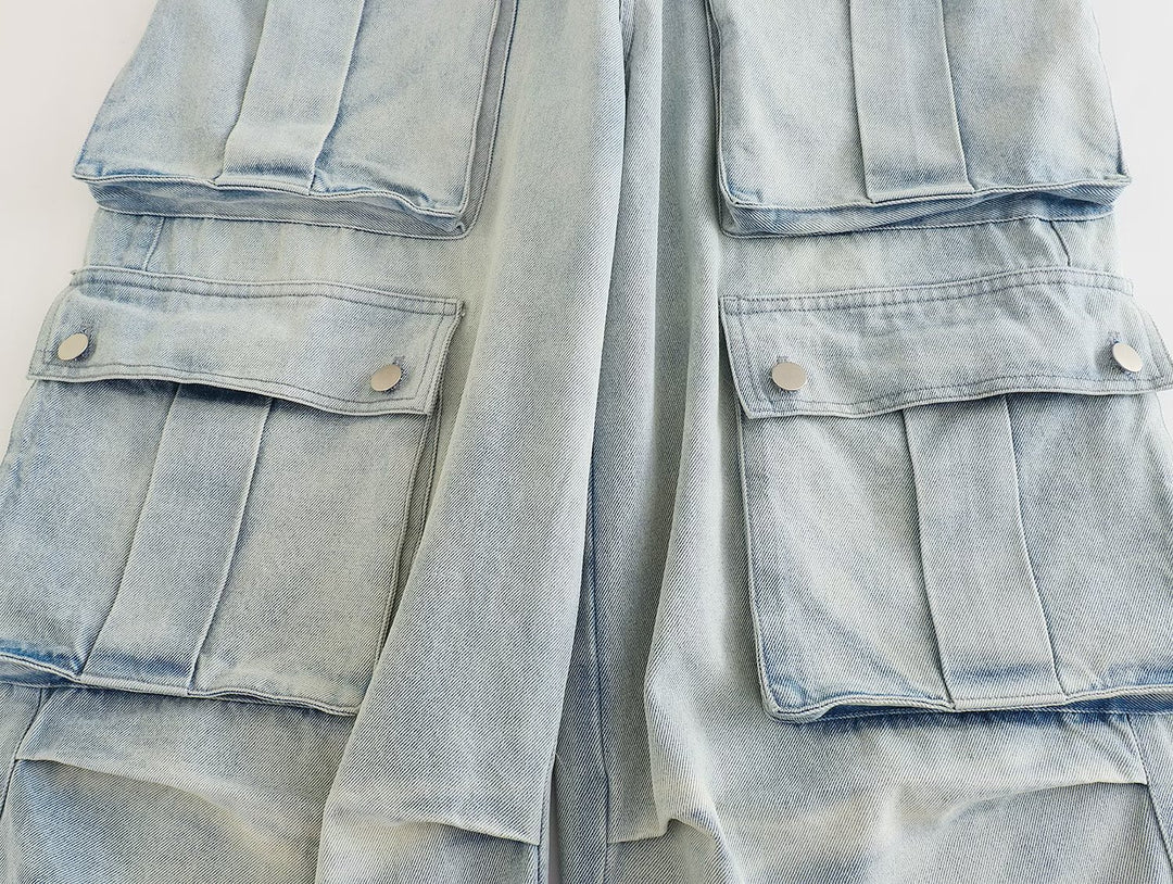 Multi-pocket Overalls Mid-waist Jeans