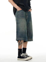 mens loose wide leg washed denim shorts, view 3 - MRSLM