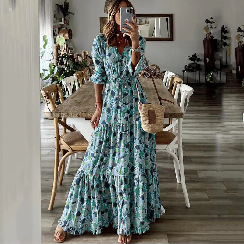 women's v-neck printed swing long dress, view 3 - MRSLM