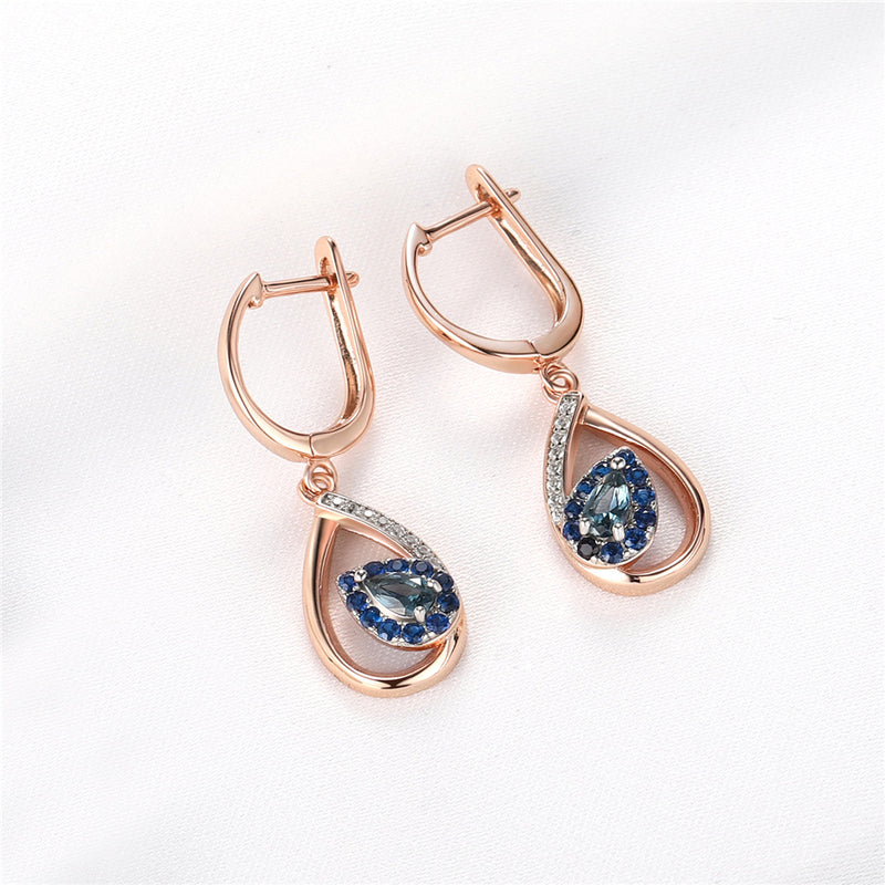 blue rose gold leaf earrings, view 3 - MRSLM