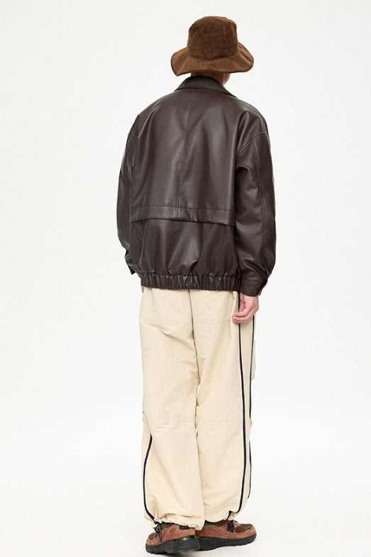 retro lapel pu leather jacket men, view 9 - MRSLM