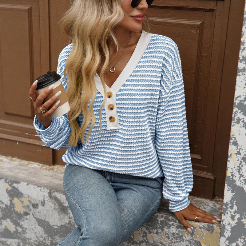 women's v-neck button pullover top, view 2 - MRSLM