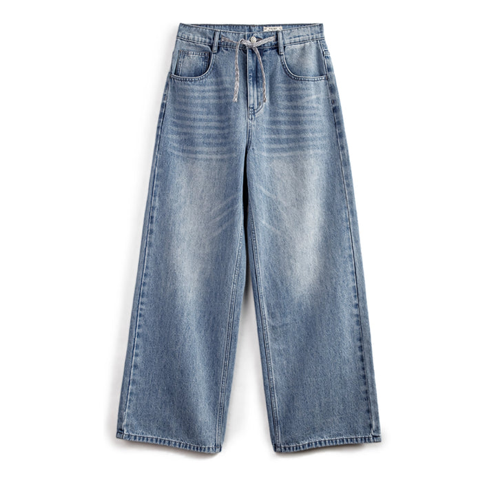 Light Blue Vintage Wide-Leg Jeans with Drawstring Waist for Women