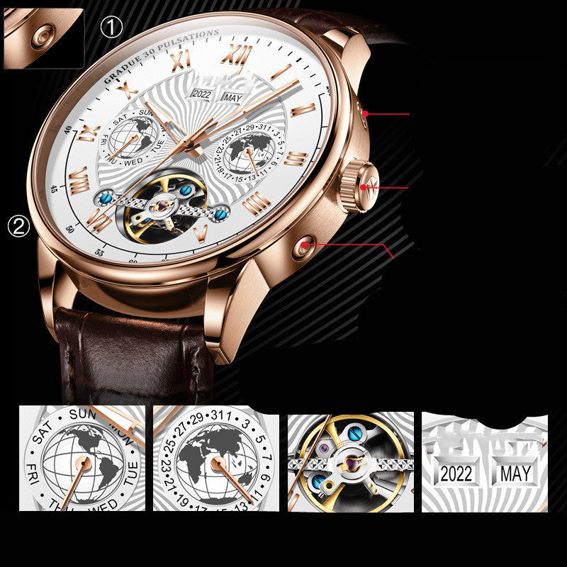 men's hollow automatic leather watch, view 5 - MRSLM