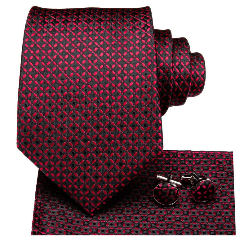 Burgundy black plaid silk necktie set, view 4 - MRSLM