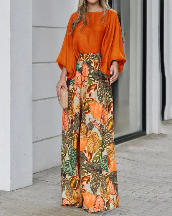 Women's Fashion Lantern Sleeve Printed Top Wide Leg Pants Two-piece Set