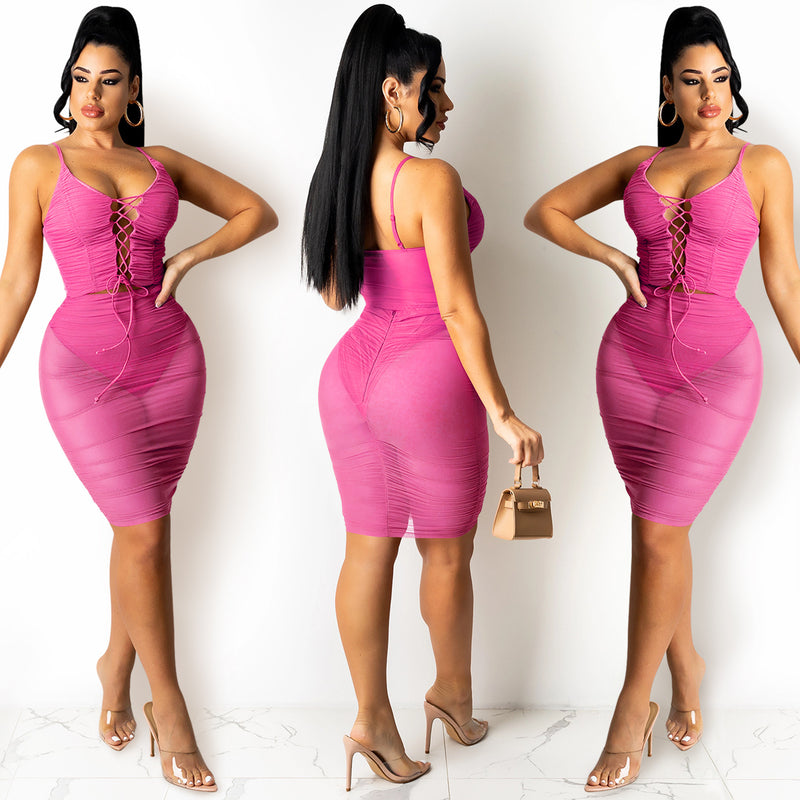 women's sling vest and lace-up pleated skirt set, view 8 - MRSLM