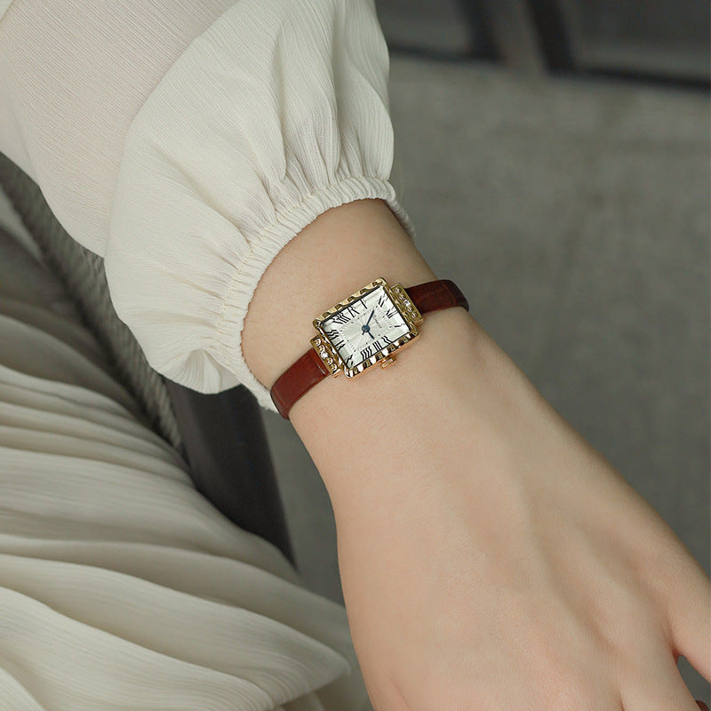 Women's rectangular leather strap antique watch - MRSLM