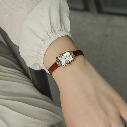 Women's rectangular leather strap antique watch - MRSLM