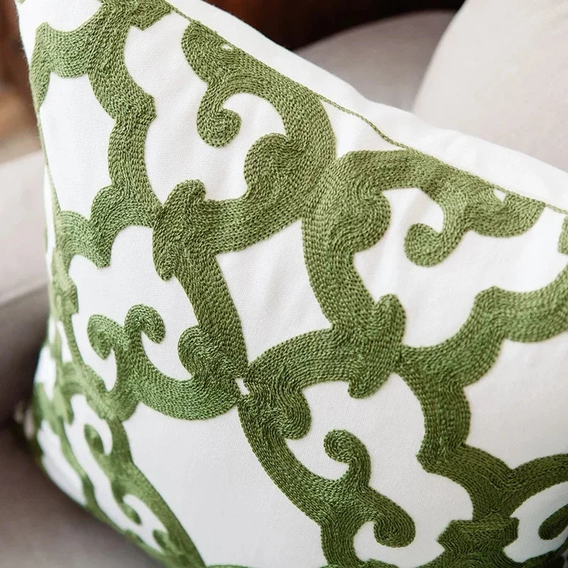 green geometric embroidered cushion cover, view 11 - MRSLM