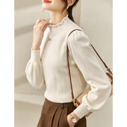 puff sleeve knit sweater with love brooch, view 3 - MRSLM