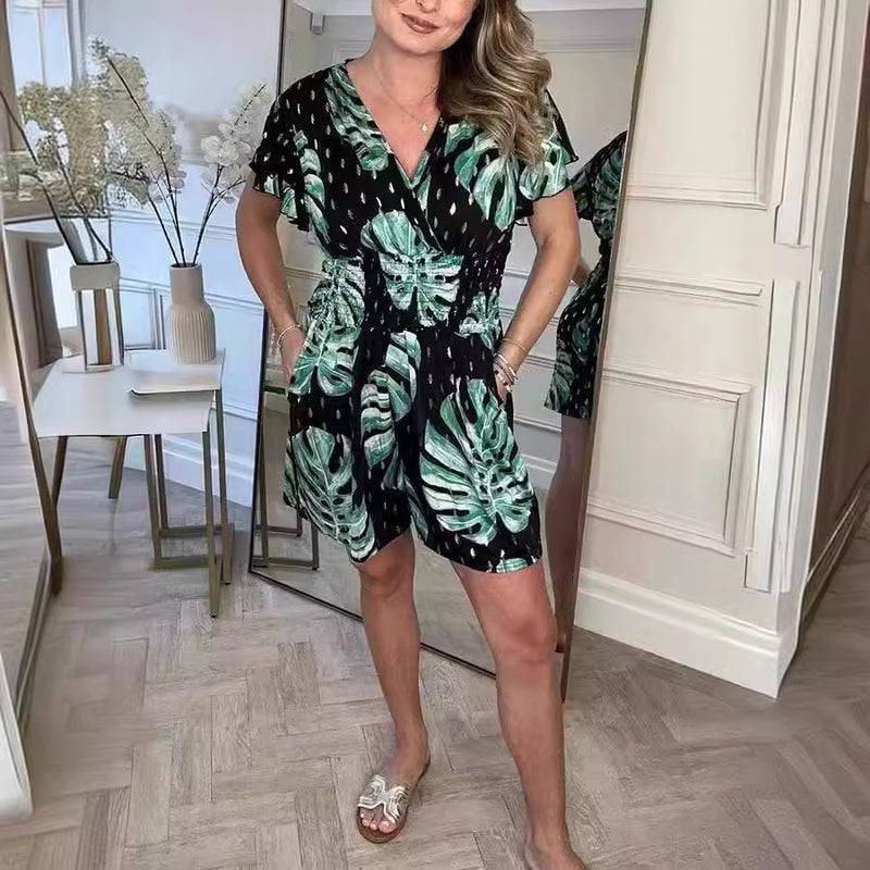 Leaf print short-sleeve summer outfit for women, view 5 - MRSLM