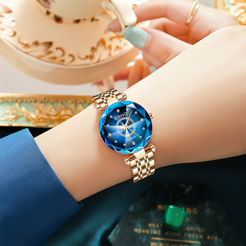 Starry Diamond Face Bright Polygonal Glass Solid Stainless Steel Strap Women's Waterproof Watch