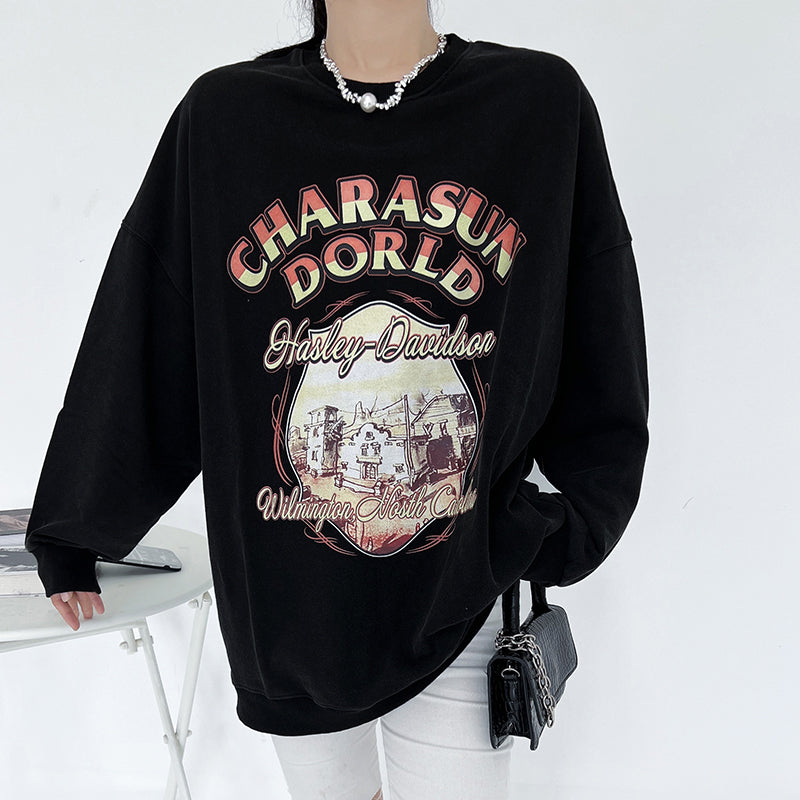 women's retro washed round neck sweater, view 4 - MRSLM