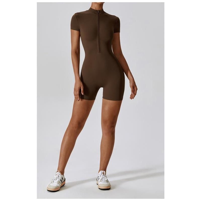 short sleeve zipper yoga bodysuit, view 6 - MRSLM
