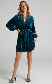 women's velvet long sleeve mini dress, view 5 - MRSLM