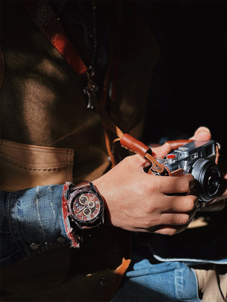 men's vintage leather strap quartz watch, view 6 - MRSLM
