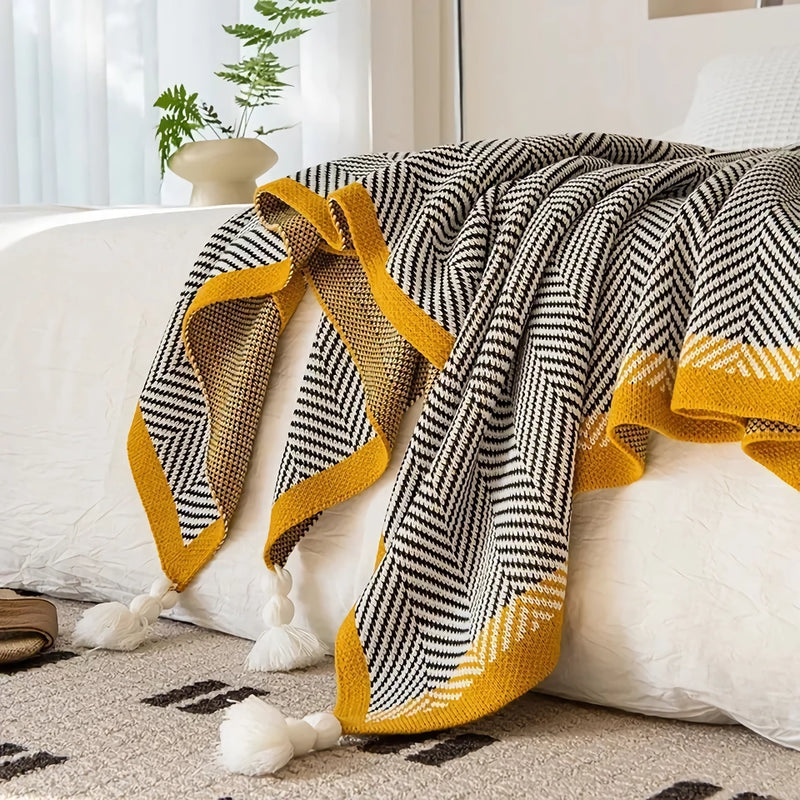 nordic knitted stripe shawl blanket, view 2 - MRSLM