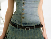 denim top and short skirt two-piece set, view 3 - MRSLM