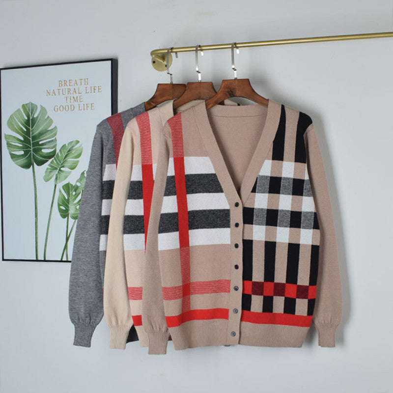 Women's V-neck geometric knit cardigan, view 6 - MRSLM