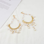 Gold chandelier pearl drop earrings, view 3 - MRSLM