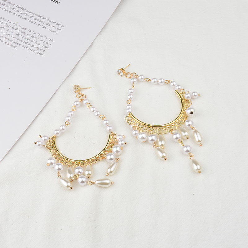Gold chandelier pearl drop earrings, view 3 - MRSLM