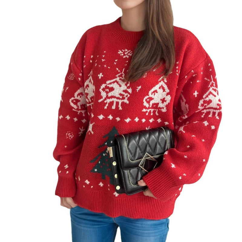 Women's red Nordic Christmas jacquard sweater, view 6 - MRSLM