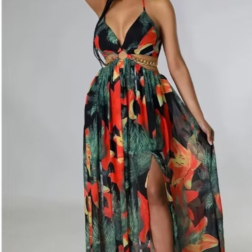 floral backless side-slit dress - MRSLM
