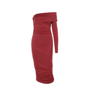 one-shoulder pleated long sleeve dress, view 5 - MRSLM