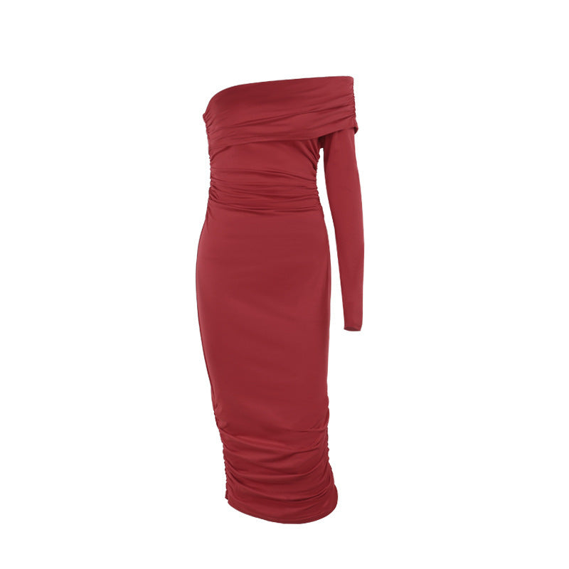 one-shoulder pleated long sleeve dress, view 5 - MRSLM