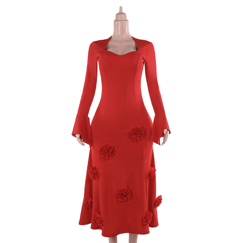 Slim fit peach collar flower dress, view 6 - MRSLM