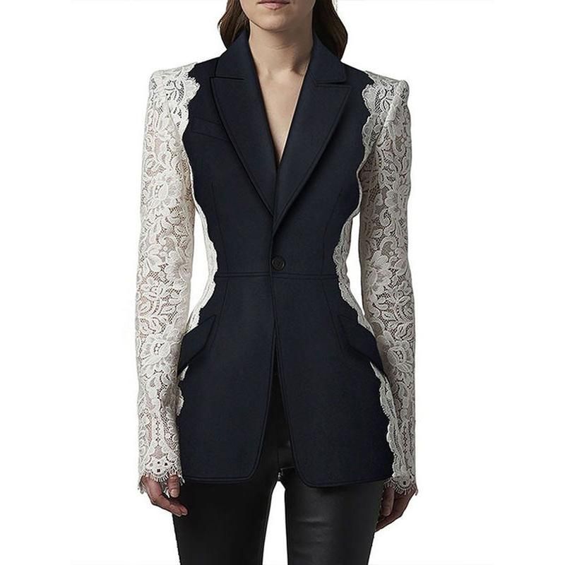 women's lace patchwork blazer, view 3 - MRSLM
