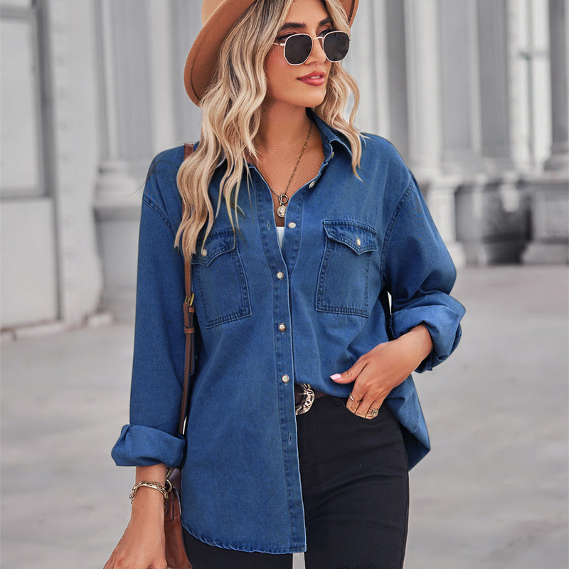 women's thin denim slim long-sleeved shirt, view 5 - MRSLM
