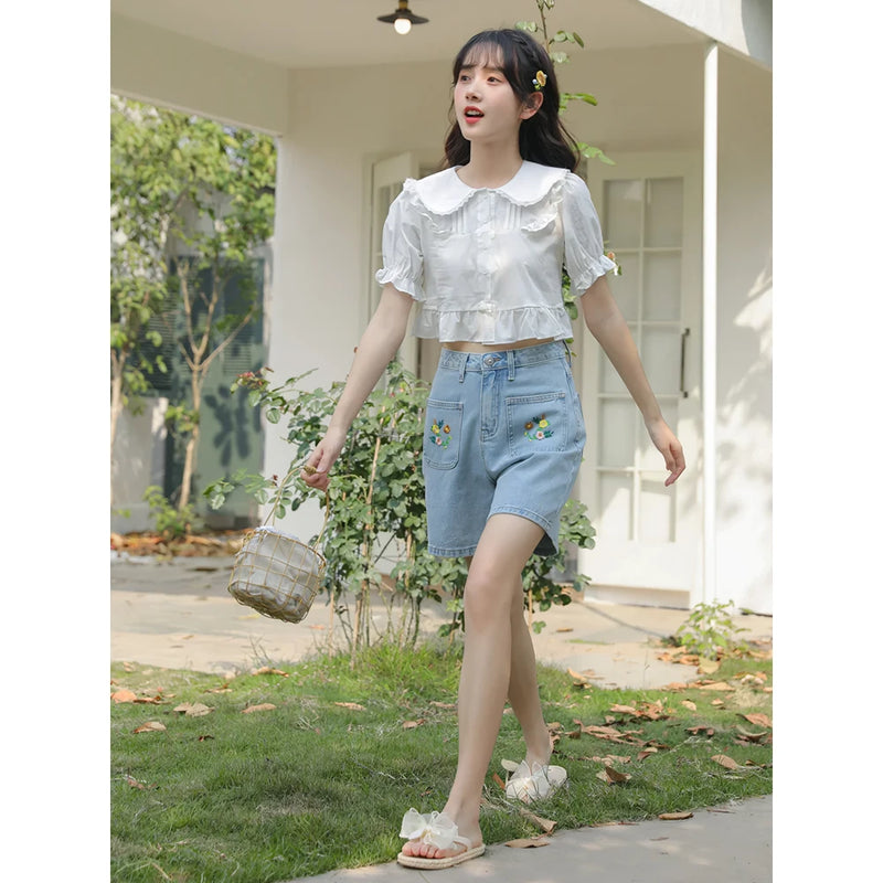light blue embroidered denim shorts, view 6 - MRSLM