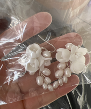 white ceramic flower ear hook earrings, view 6 - MRSLM