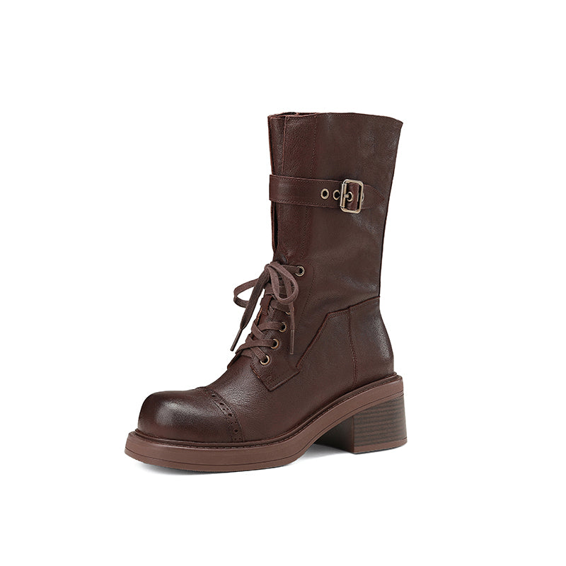 retro mid-calf buckle motorcycle boots for women, view 2 - MRSLM
